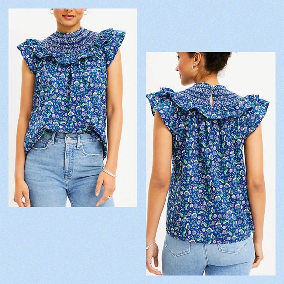 LOFT WOMEN Petite Floral Smocked Ruffle Yoke Top PM - Picture 1 of 13
